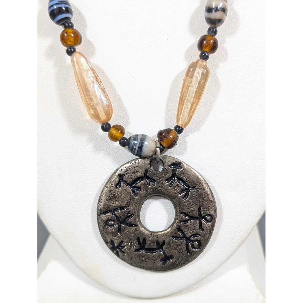Artisan Etched Pendant Necklace Stick Figure Animal Boho 36" Long